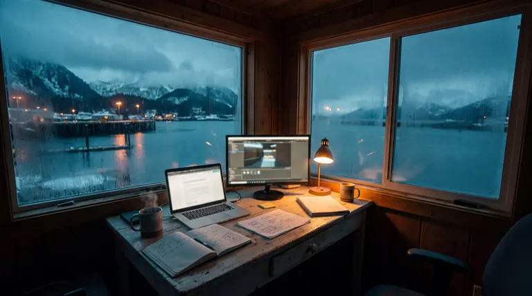 A one-person desk at dusk beside a rain-fogged window over the harbour, Unreal Engine 5 open on the monitor
