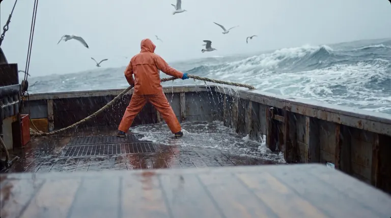 A deckhand in orange oilskins hauling a line across a streaming deck in the rain