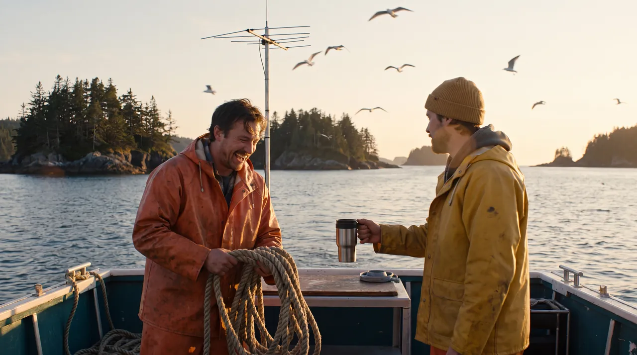 Two friends laughing on a fishing boat deck at golden hour, one coiling line while the other hands over a cup of coffee