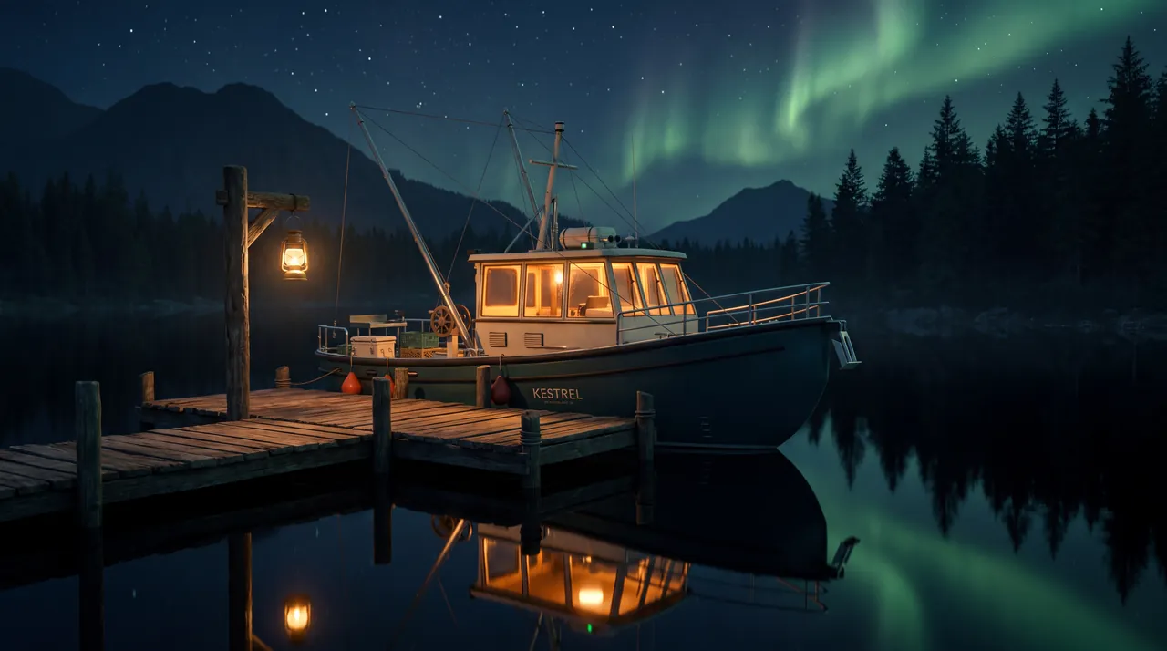 A teal fishing troller moored at an old wooden dock at night, its wheelhouse glowing under green aurora reflected in still water