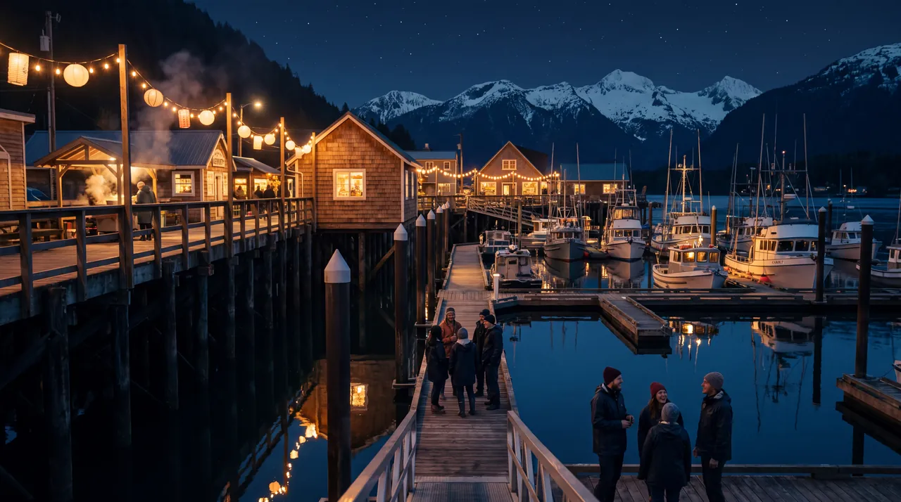 A small Alaskan harbor town at night during a festival: lanterns over a boardwalk, boats moored with cabin lights on and people chatting on the docks