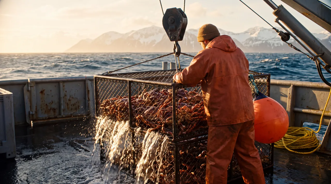 A deckhand in orange rain gear opening a steel pot full of red king crab on a wet deck at golden hour
