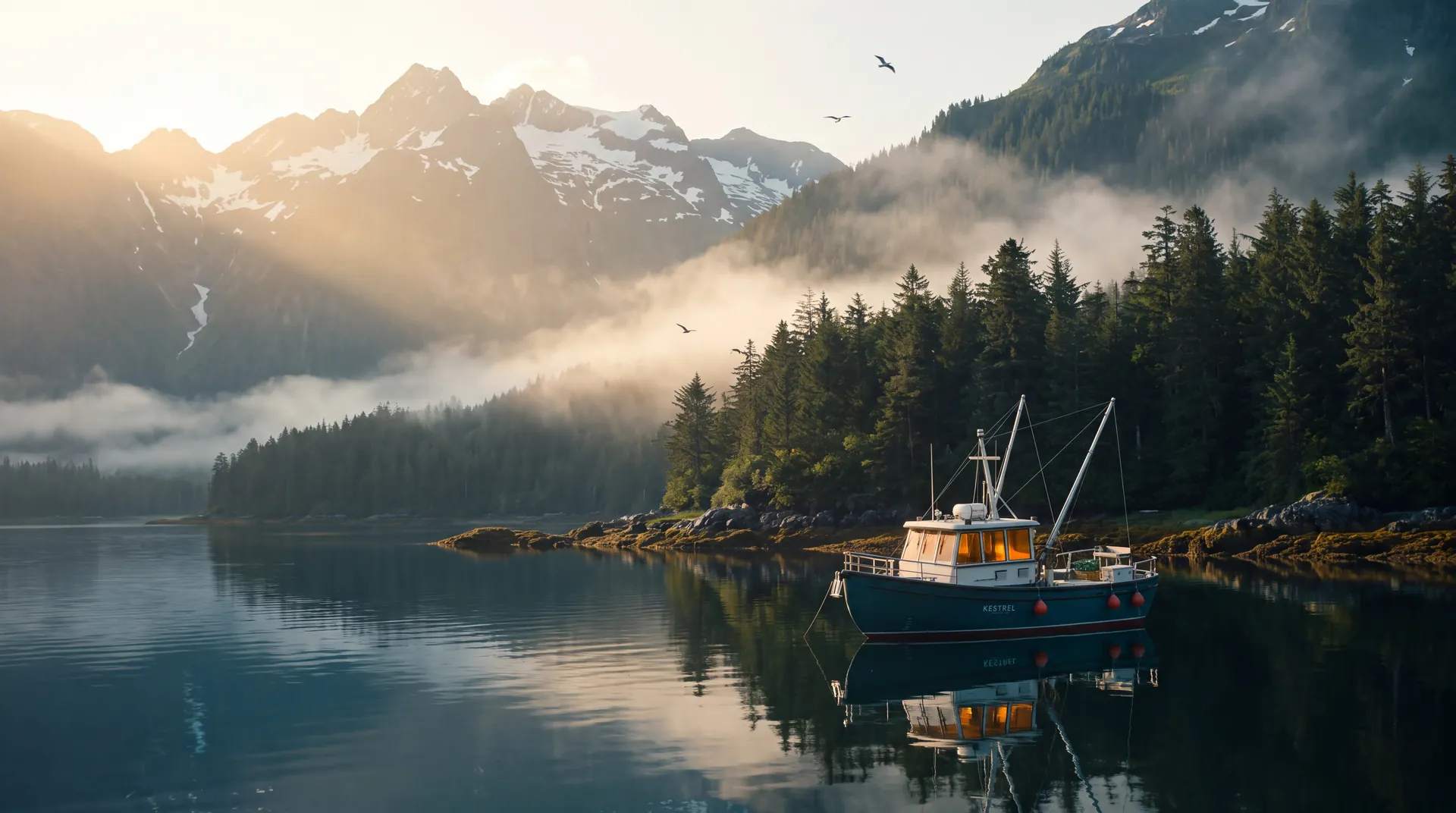 A teal fishing troller at anchor in a glassy Alaskan fjord at sunrise, mist drifting over the spruce forest under snow-capped mountains