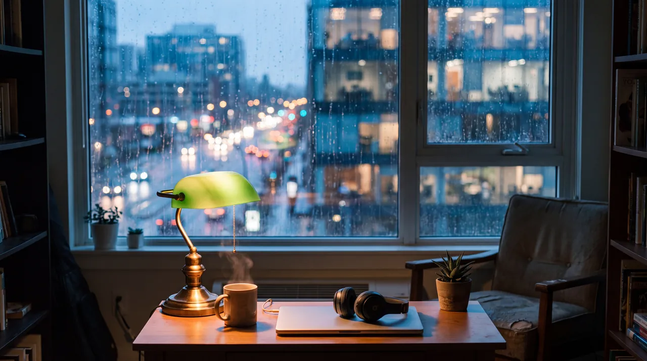 A cosy desk by a rain-streaked city window at dusk: a desk lamp, a steaming mug and a gaming headset on a closed laptop