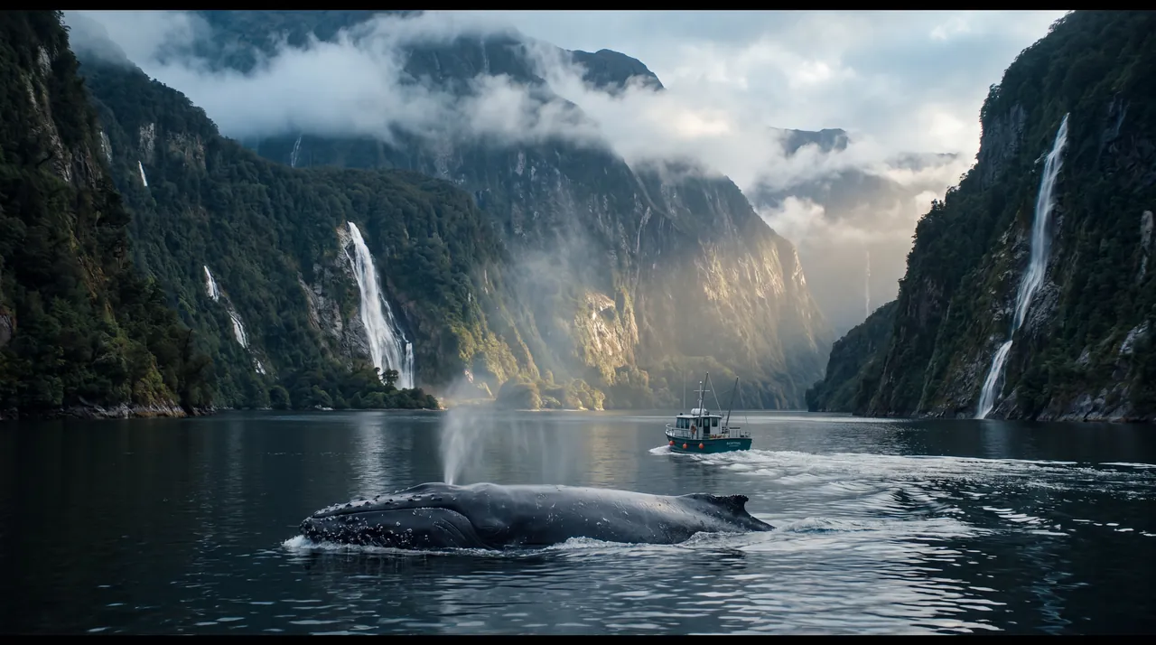 A humpback whale surfacing in a deep channel between rainforest cliffs with waterfalls, a fishing troller in the distance