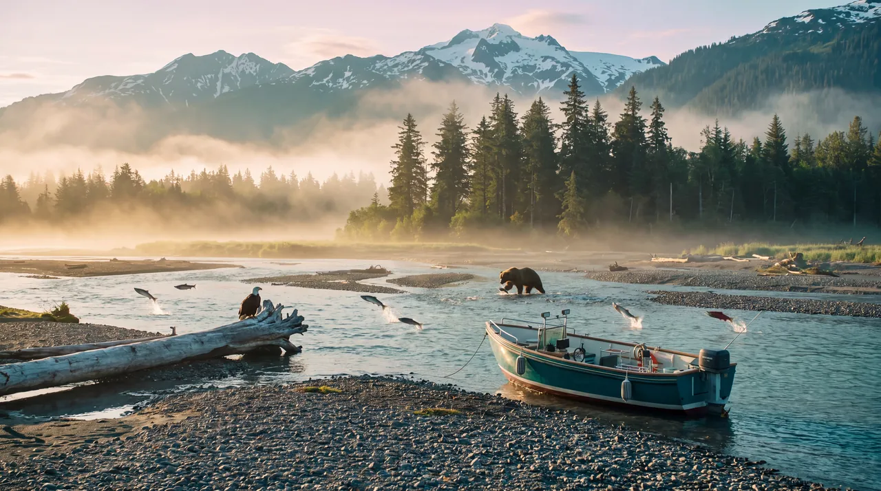 A braided river mouth at dawn: salmon leaping, a brown bear fishing the shallows and an eagle on a drift log beside a small skiff