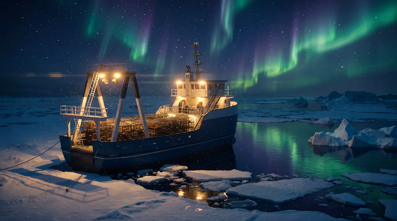 A crab boat stacked with pots among sea ice at night under green and violet aurora, deck lights glowing through falling snow