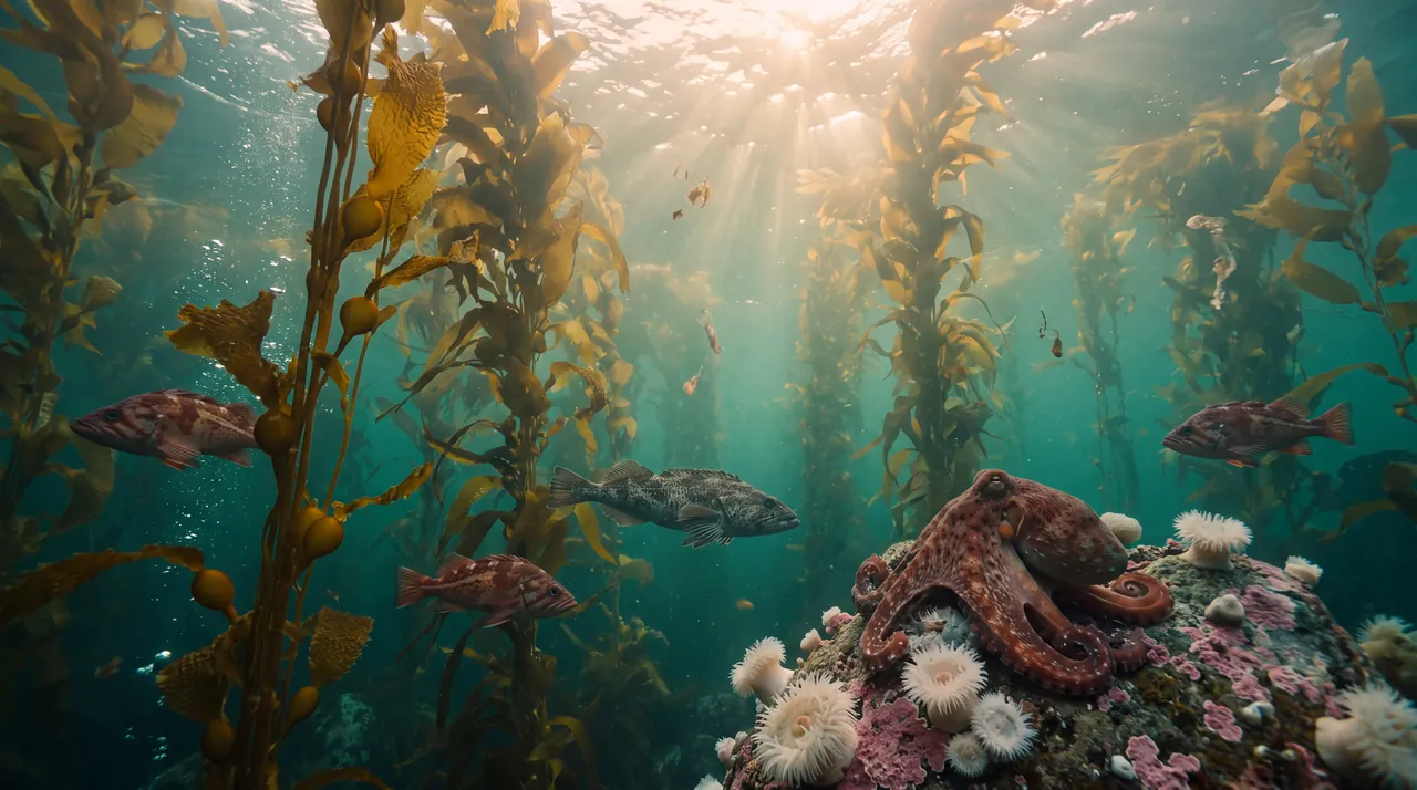 Underwater in a bull kelp forest: rockfish and a lingcod among the stalks and a giant Pacific octopus on an anemone-covered boulder