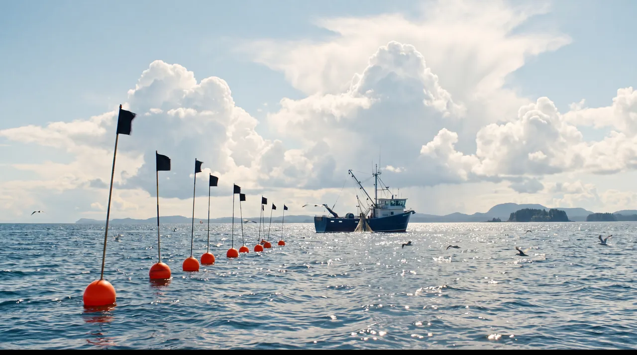 Open water on the continental shelf: a line of orange longline buoys with black flags running to a blue longliner under towering clouds
