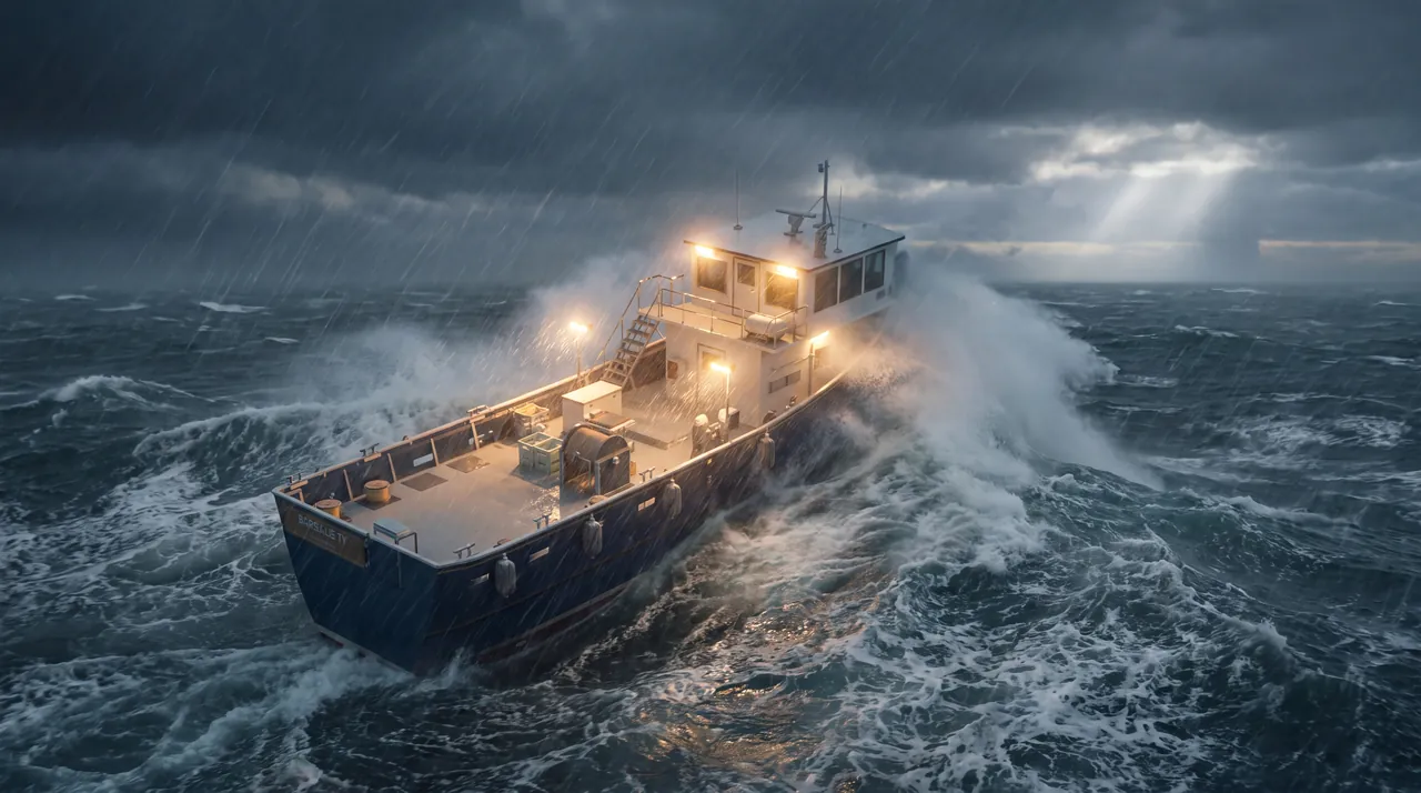 A blue longliner punching through heavy storm seas at dusk, spray flying through its deck lights